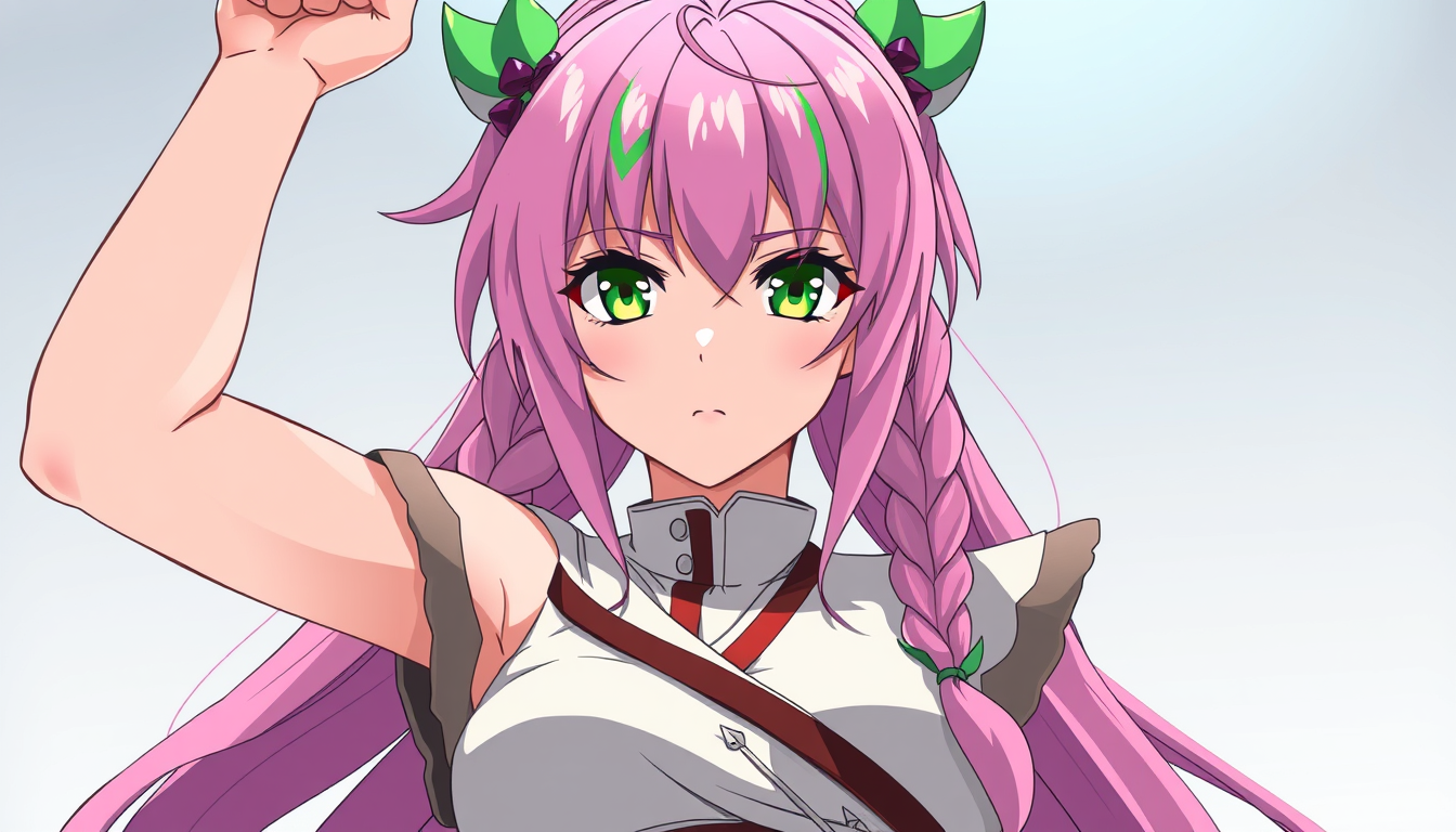 Anime idea: anime style, vibrant colors, expressive eyes, Mitsuri Kanroji, Demon Slayer, pink hair with green tips, three braids, green eyes. Full-body view, slee