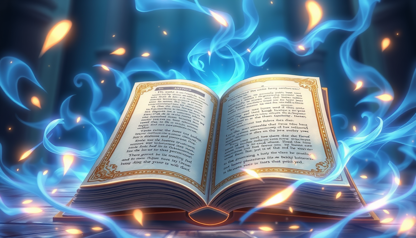 Main art studio: Anime fantasy magic book opening, ancient white and gold cover, glowing runes, pages flying and turning slowly, magical wind surrounding the book, blu