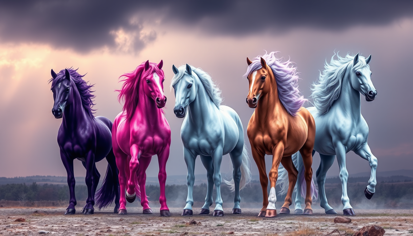 Main art studio: 5 HORSES PART OF A GROUP CALLED ELEMENT ONE RAVEN HAD THE POWER OF DESTRUCTION COULOUR PURPLE ,ROSIE HAD THE POWER OF LIGHT COLOUR PINK AND SKY GREY P