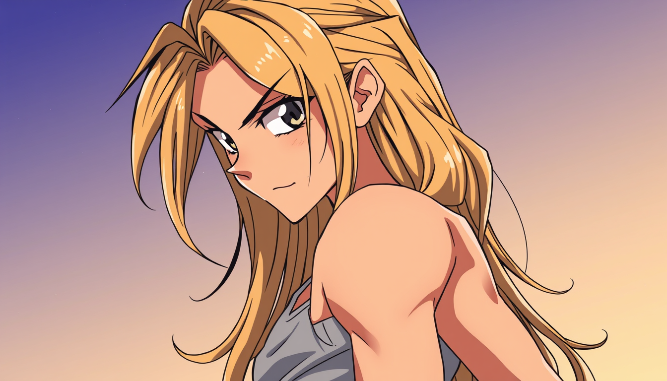 Anime idea: anime style, vibrant colors, expressive eyes, Tan dark blonde long and wavy hair side profile side eye mad face light gray tank top and shorts grey ey