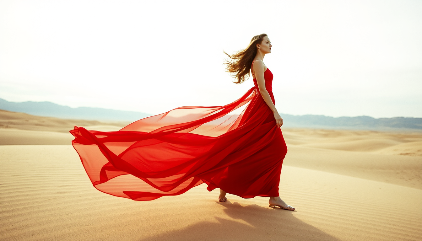 Main art studio: fashion editorial, flowing red dress in a desert, dramatic wind, soft light