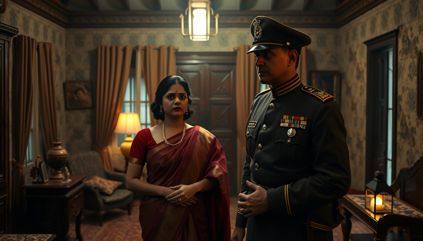 Main art studio: Ultra photorealistic cinematic 4K historical scene of Neera Arya and Shrikant Jung Bahadur inside a traditional Indian home in 1940, Neera wearing the