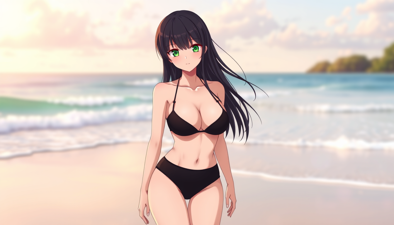 Main art studio: anime adult woman, black hair and green eyes only wearing a black bikini standing on beach