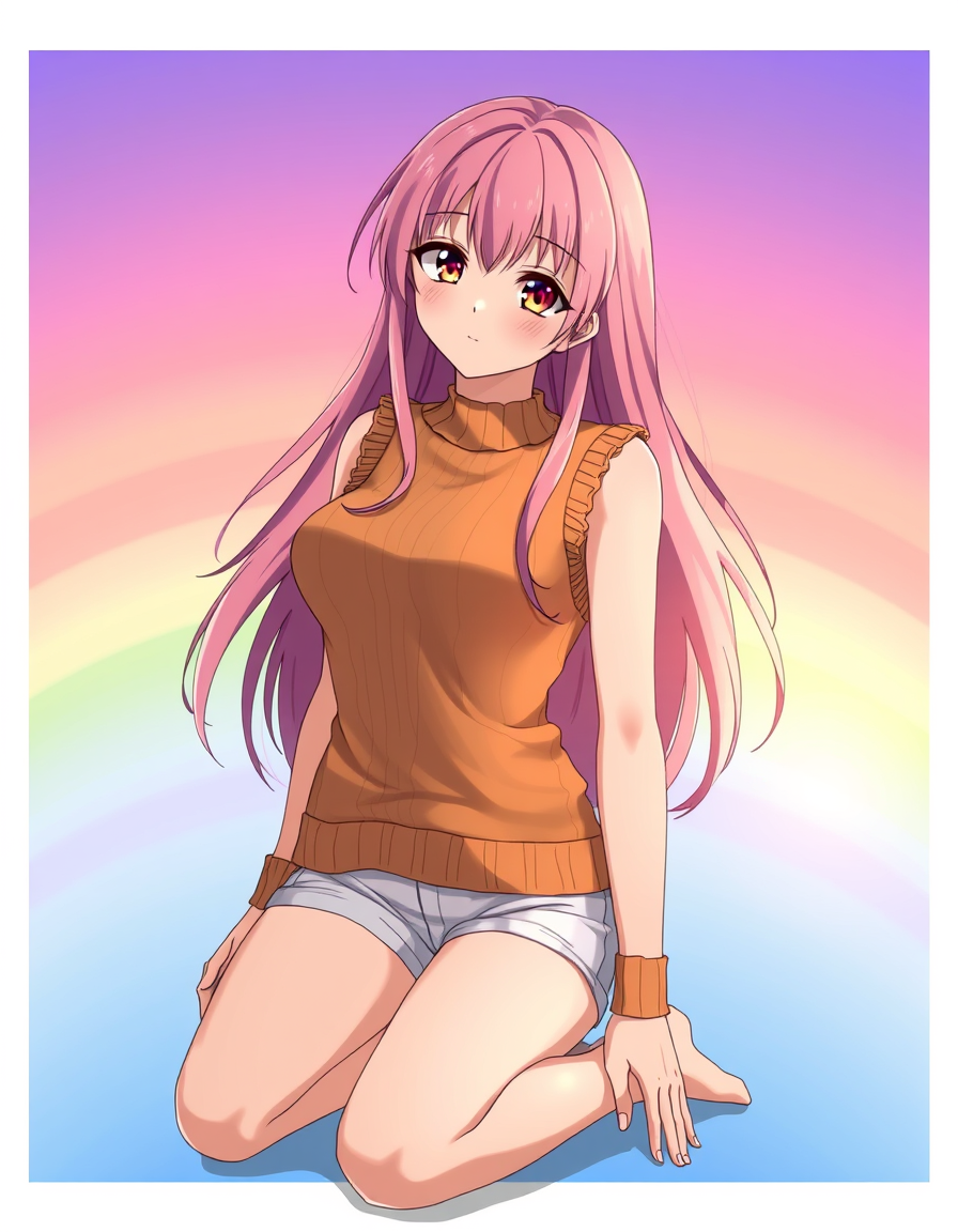 Main art studio: A romantic image of beautiful anime girl wearing a tight tan sleeveless sweater that covers her large chest with long pink and gold hair and short whi
