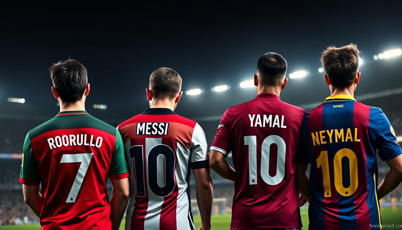Main art studio: Create a realistic vertical iPad wallpaper with 4 equal vertical sections, players facing away, showing their shirt names and numbers. Left to right: