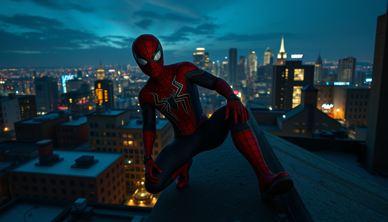 Main art studio: Spider-Man on a rooftop in the night. 🌧️🔥make them like the movies dont be too light and zoomed out