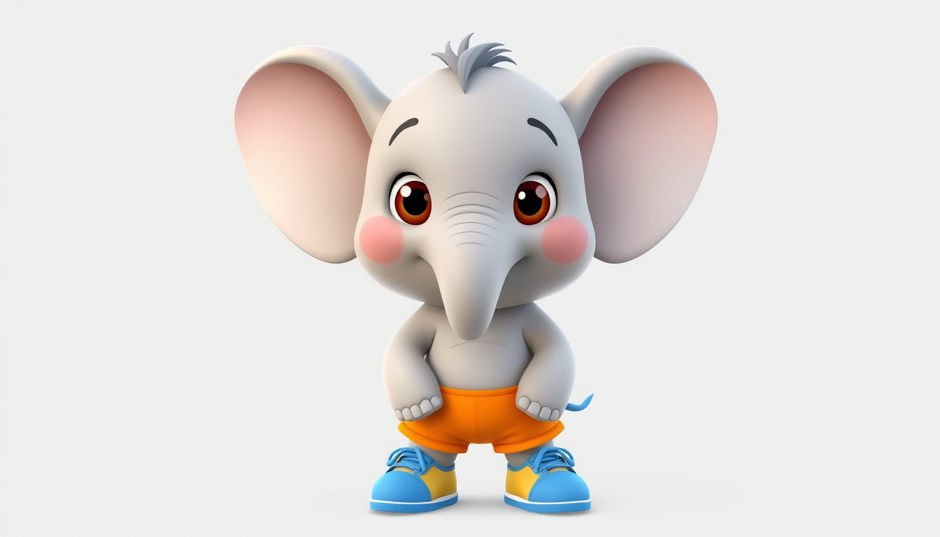 Main art studio: Cute 4-year-old cartoon elephant named Toto, soft light gray skin, big expressive brown eyes, round friendly face, large ears, short trunk, wide happy