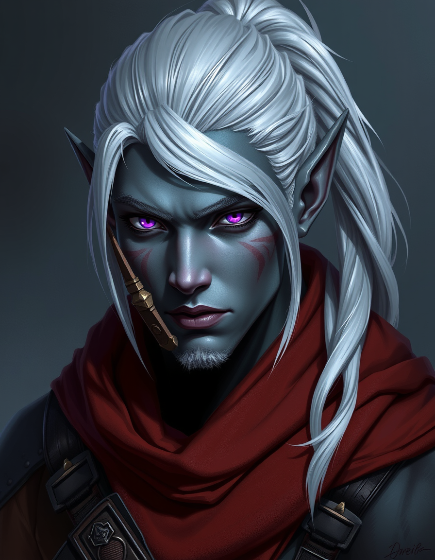 Main art studio: male dark elf adventurer with gray skin, violet eyes, and white hair pulled into a pony tail