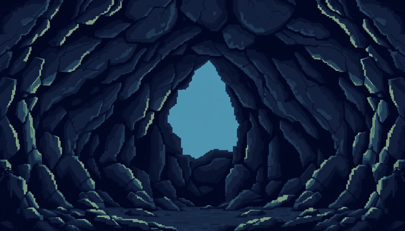 Pixel Art idea: pixel art, 32-bit retro style, limited color palette, clear readable design, Seamless REPEATABLE dark cave background, NOT a wall. Natural cave interi