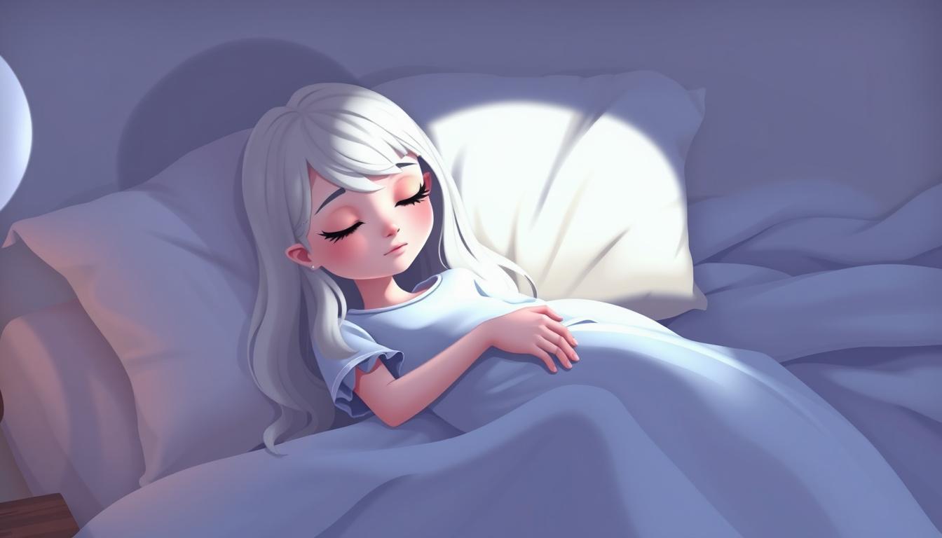 Main art studio: Genera una imagen de una chica con pijama suelta corta acostada en una cama con las piernas un poco abiertas con la cara sonrojada con los ojos cerrad