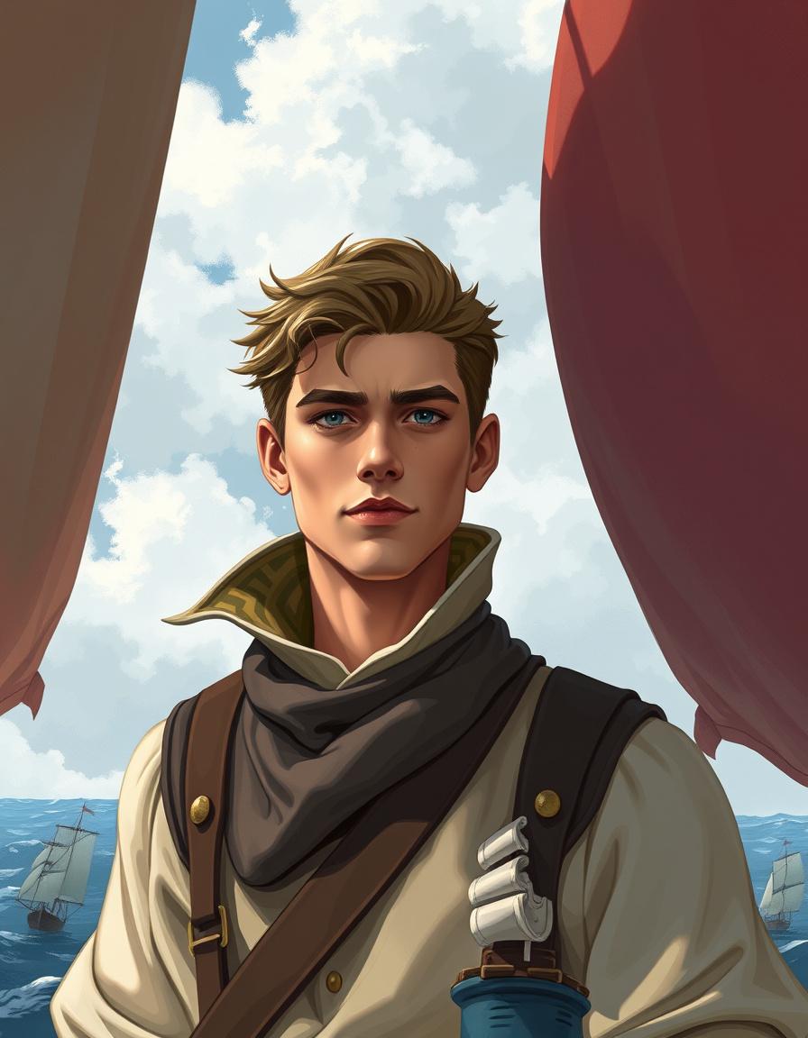 Main art studio: Una humano joven con vestimentas de noble, con una sonrisa amplia de rasgos marcados. La imagen es de cintura para arriba y quiero que debajo ponga un