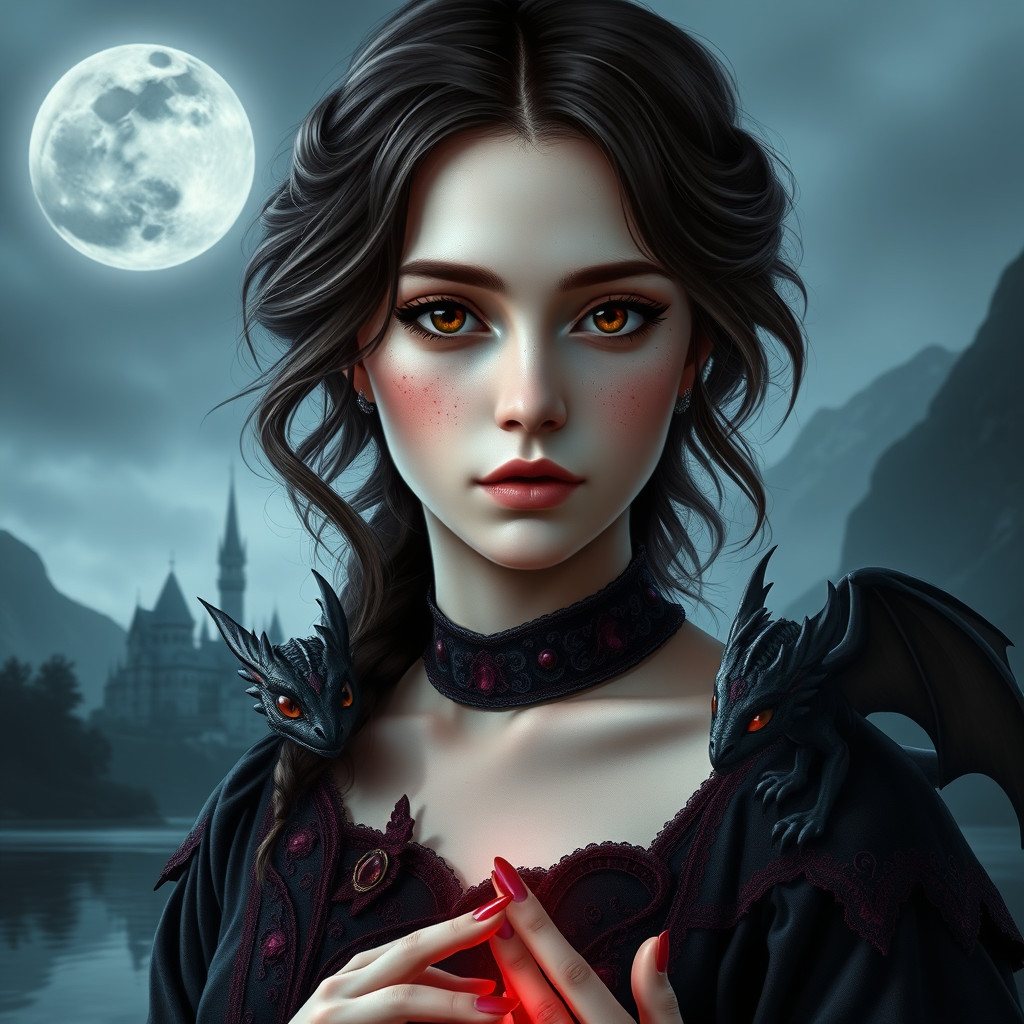 Main art studio: Semi-realistic fantasy portrait of a young adult woman with very pale, cool porcelain skin, a soft rounded face, large expressive brown eyes, a natura