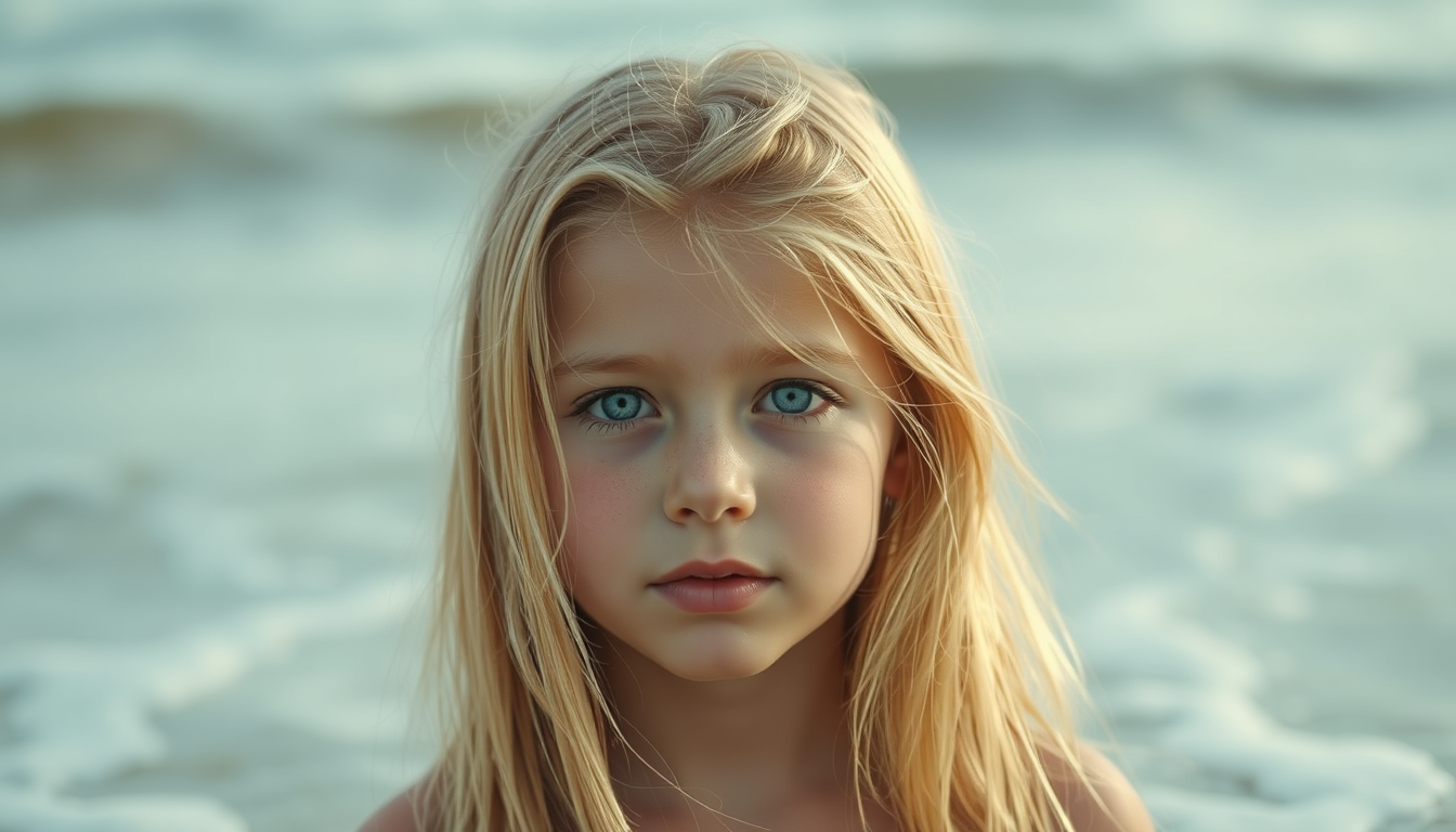Main art studio: Erstelle ein Bild von einem ca. 14 Jahre alten Mädchen mit blonden langen fast goldenen Haaren die offen sind und blau-grauen Augen am Strand.