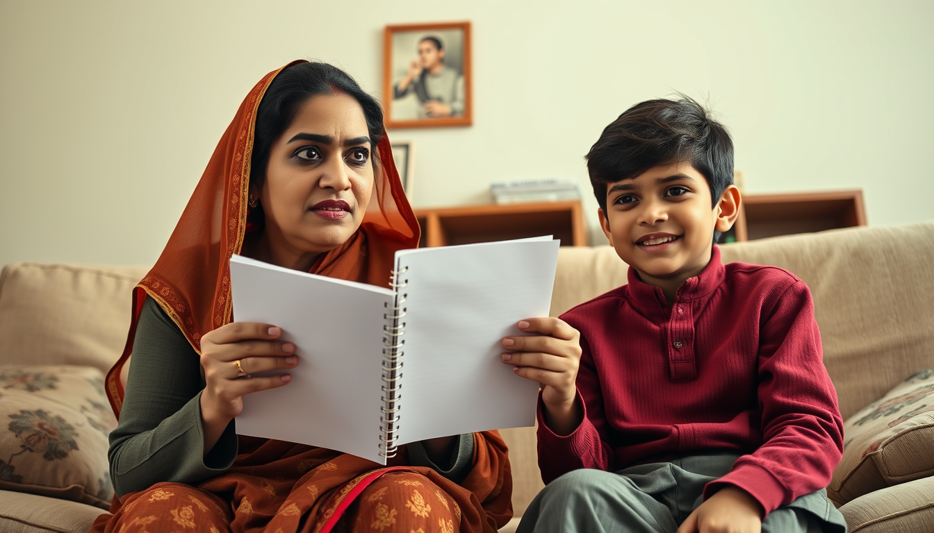 Main art studio: The same Pakistani mother and the same 12-year-old Pakistani boy from the previous image, wearing exactly the same clothes, in the exact same living r