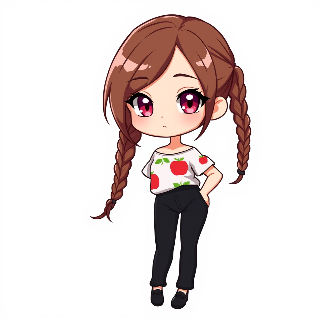Anime idea: anime style, vibrant colors, expressive eyes, Gaming YouTuber mascot, full-body 2D cartoon girl based on my PK XD avatar. Brown hair in two long braid