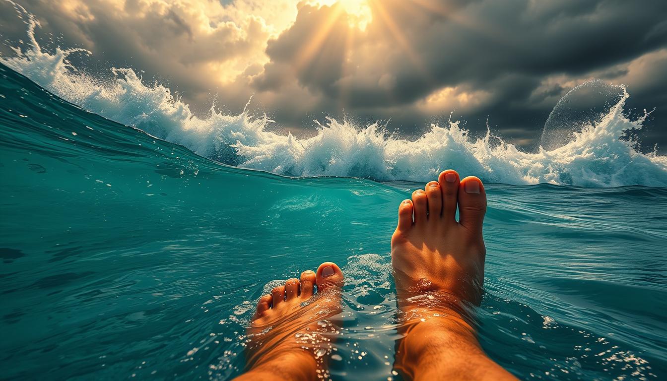 Main art studio: Half-submerged camera at the waterline during a violent ocean storm. Wide-angle view of the vast, lifelike sea with towering waves, whitecaps, sea foa