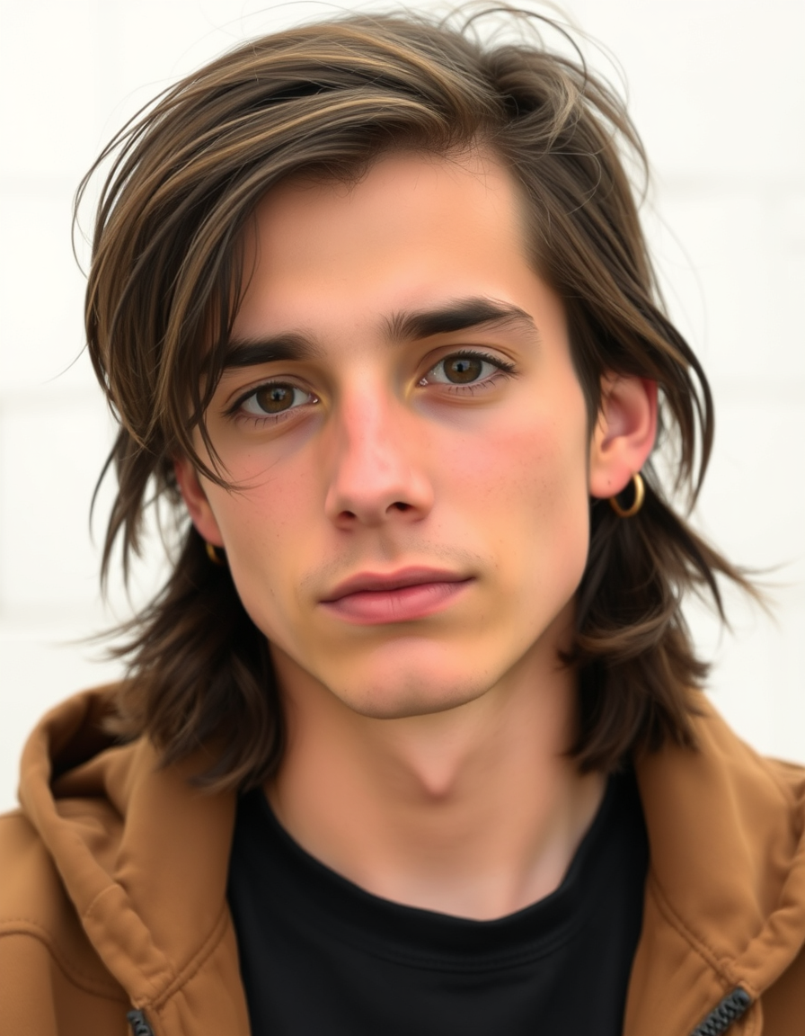Main art studio: a young adult male. He has medium-length dark brown hair, reaching approximately to his shoulders at the back and sides, naturally grown out and sligh