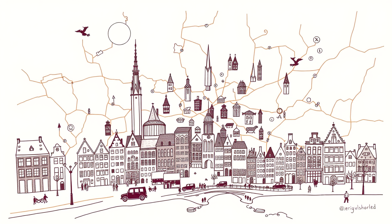 Main art studio: can you make a stylised sketch // visual of a Utrecht map treasure hunt, qugago style