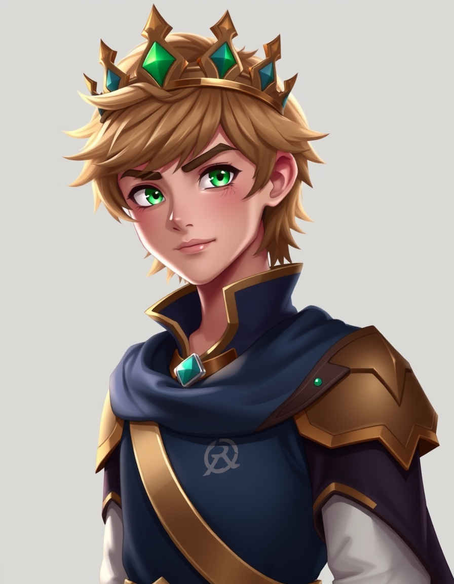 Main art studio: ⚔️ Elian 16-year-old fantasy crown prince, light-brown hair, emerald-green eyes, resembles his sister Elaria, protective, playful, brave and calm, ele