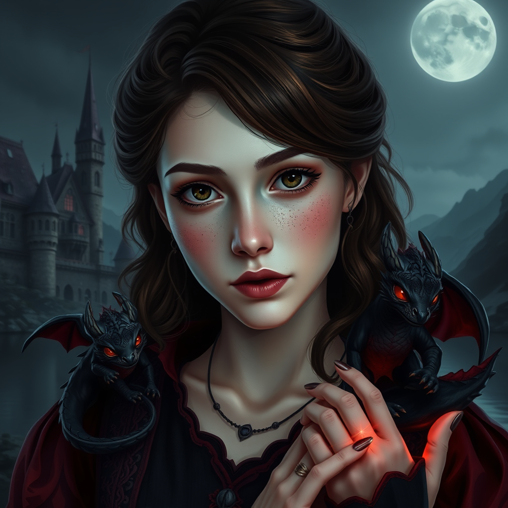 Main art studio: Semi-realistic fantasy portrait of a young adult woman with very pale, cool porcelain skin, a soft rounded face, large expressive brown eyes, a natura