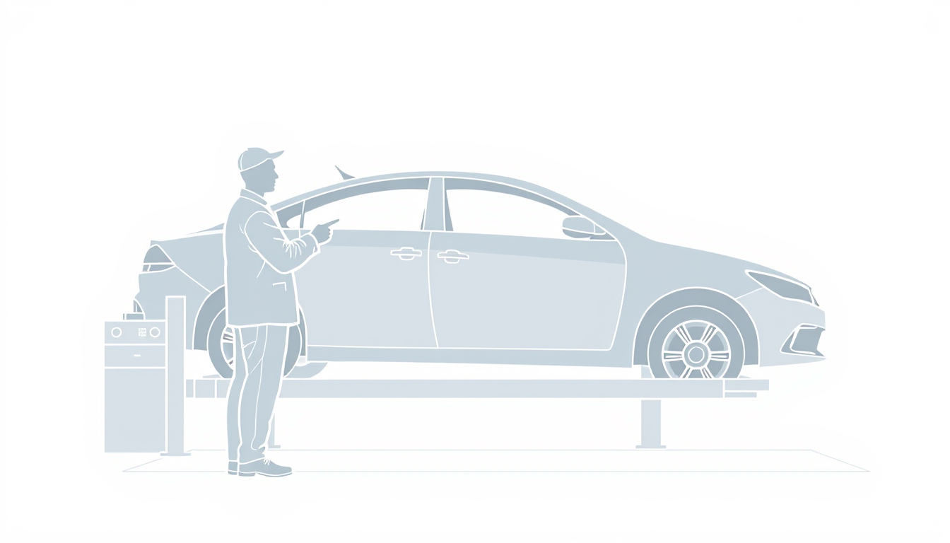 Main art studio: Minimalist editorial line-art illustration of exactly two people: an auto mechanic and a car owner, standing beside one complete normal car on a lift.