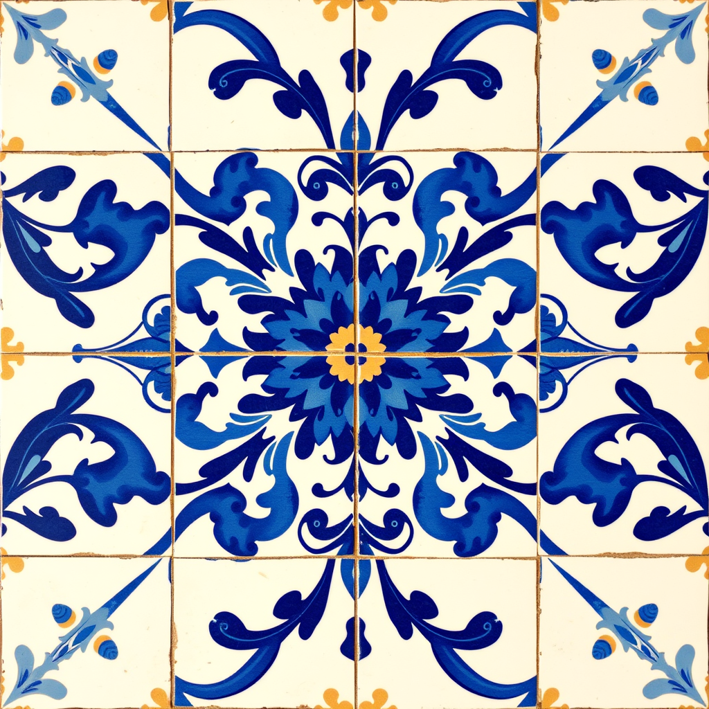 Main art studio: Portuguese Azulejo tile,tiles combined into one symmetrical blue-white floral pattern