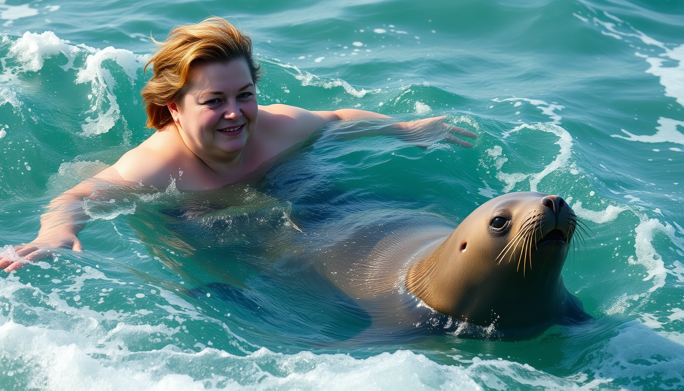 Main art studio: create a Comic-image: "60-year old slightly overweight woman swims in the ocean with a seal in the white-water waves.