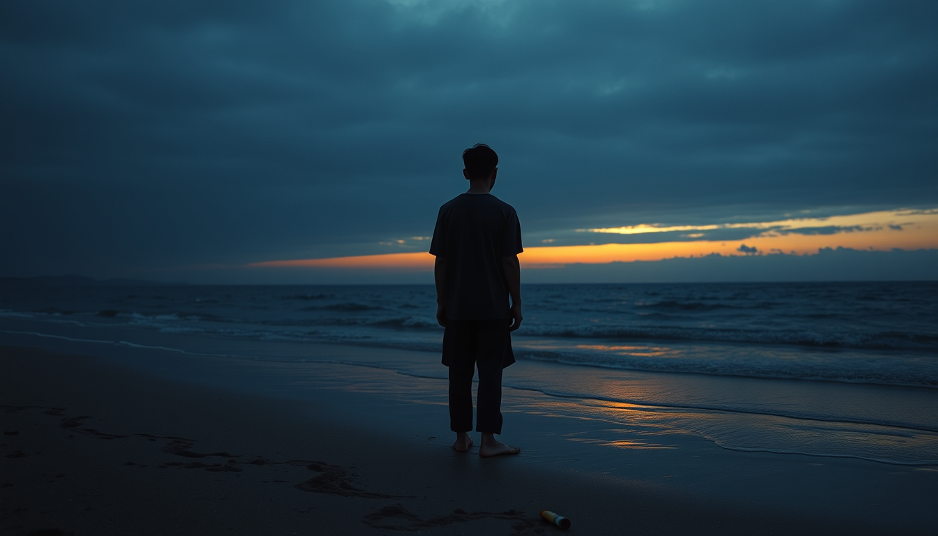 AI Art prompt example created from the prompt: A cinematic, melancholic scene on a deserted Japanese beach at the end of a long, exhausting day. A solitary adult man stands barefoot on we