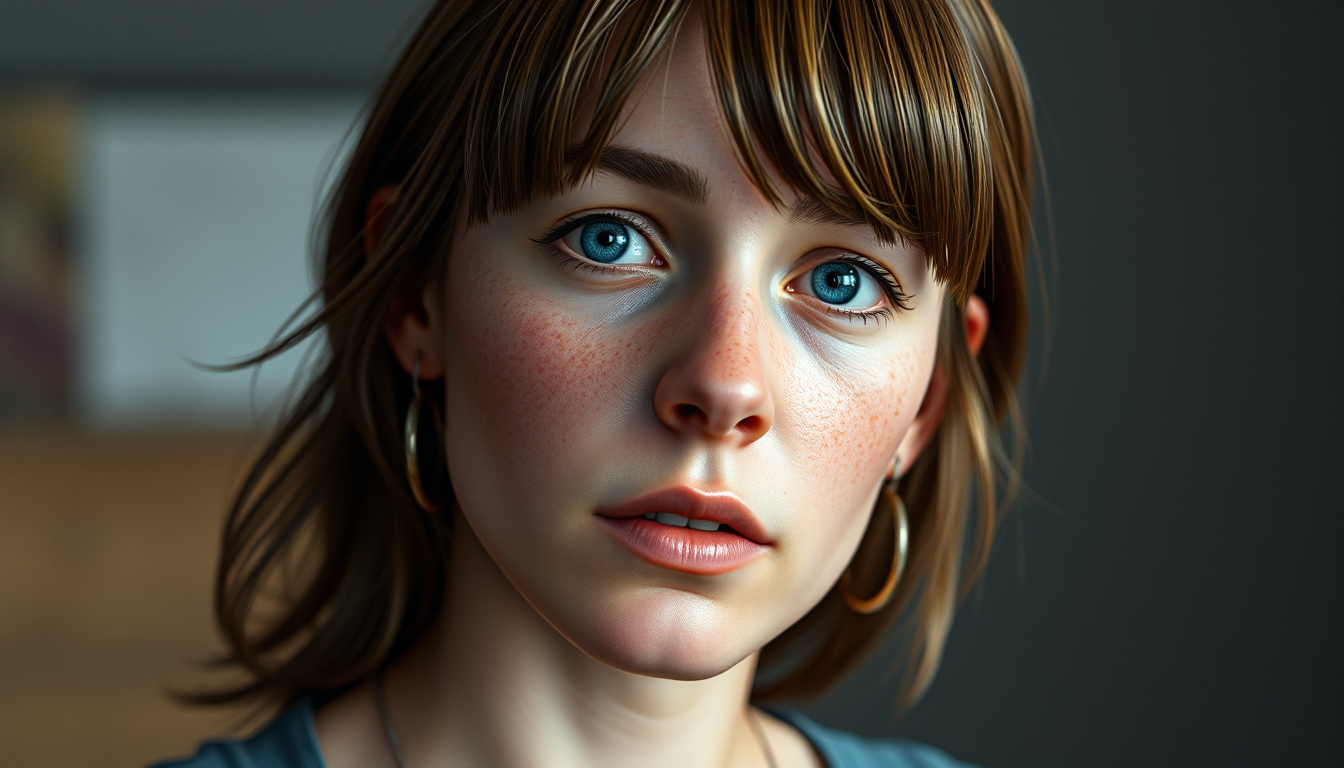 Realistic Images idea: photorealistic generated image, natural materials and skin texture, physically plausible lighting, Female version of Owen Wilson, with Downs syndrom ,