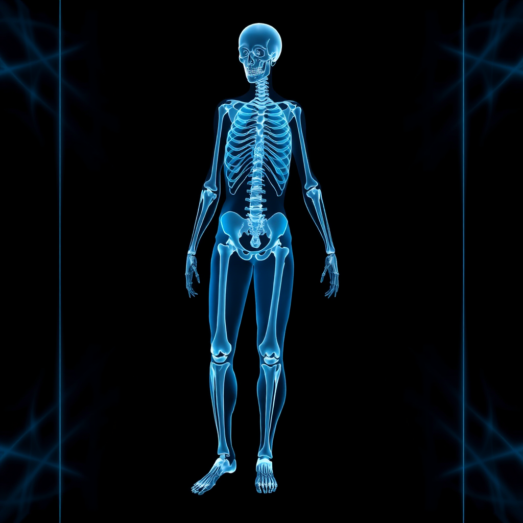 Main art studio: anime full body x-ray radiograph, semi-transparent skin, visible skeleton inside, blue tint xray scan, medical film aesthetic, clean background, anime