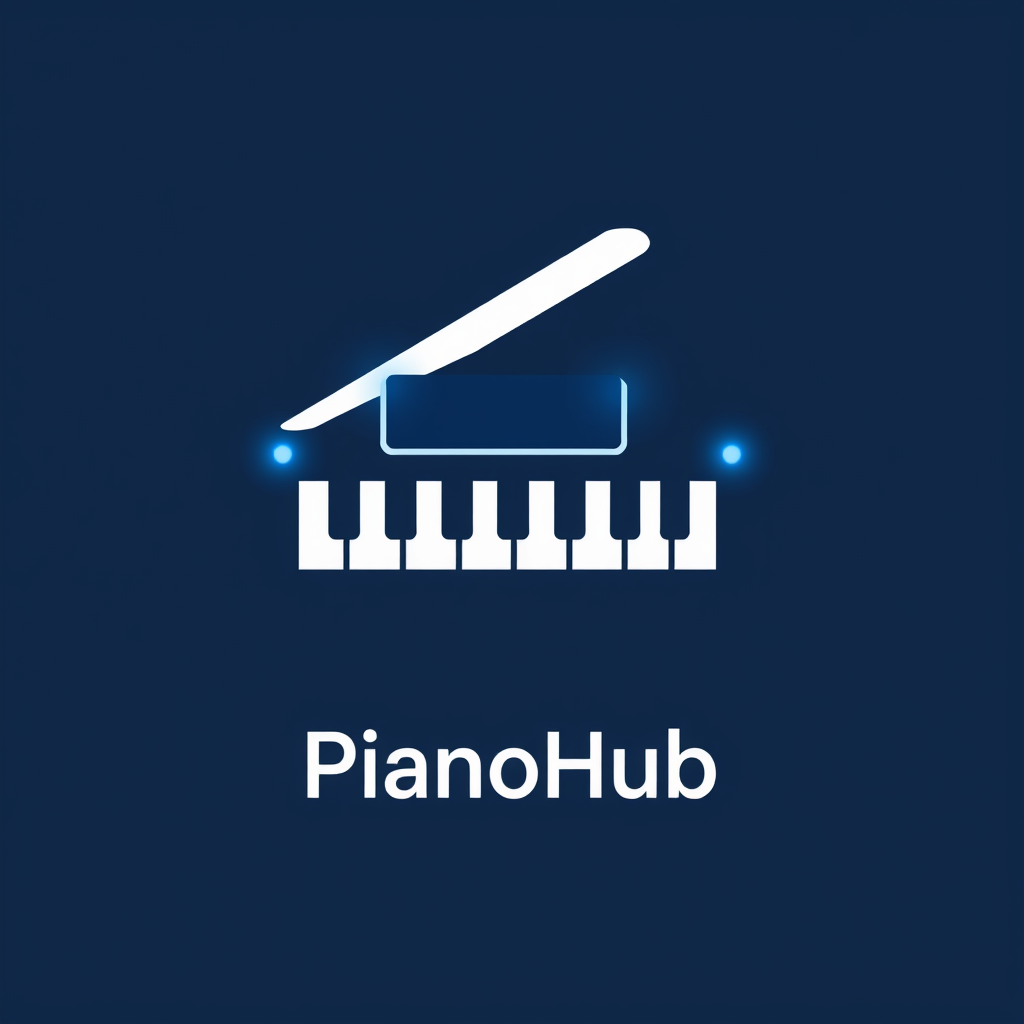 Logo idea: logo design, clean minimal mark, bold simple shapes, balanced composition, Modernes quadratisches Logo für „PianoHub“. Ein stilisiertes elegantes Klav