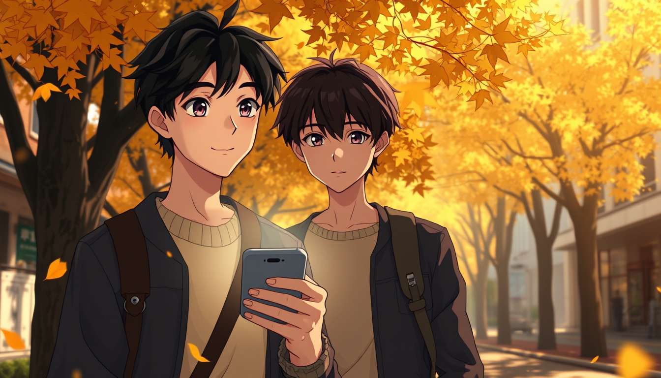 Main art studio: Create Scene 17 of the original cinematic Japanese anime romance movie October Theory. One year after graduation, Haruki Tanaka, now 18, stands beneat