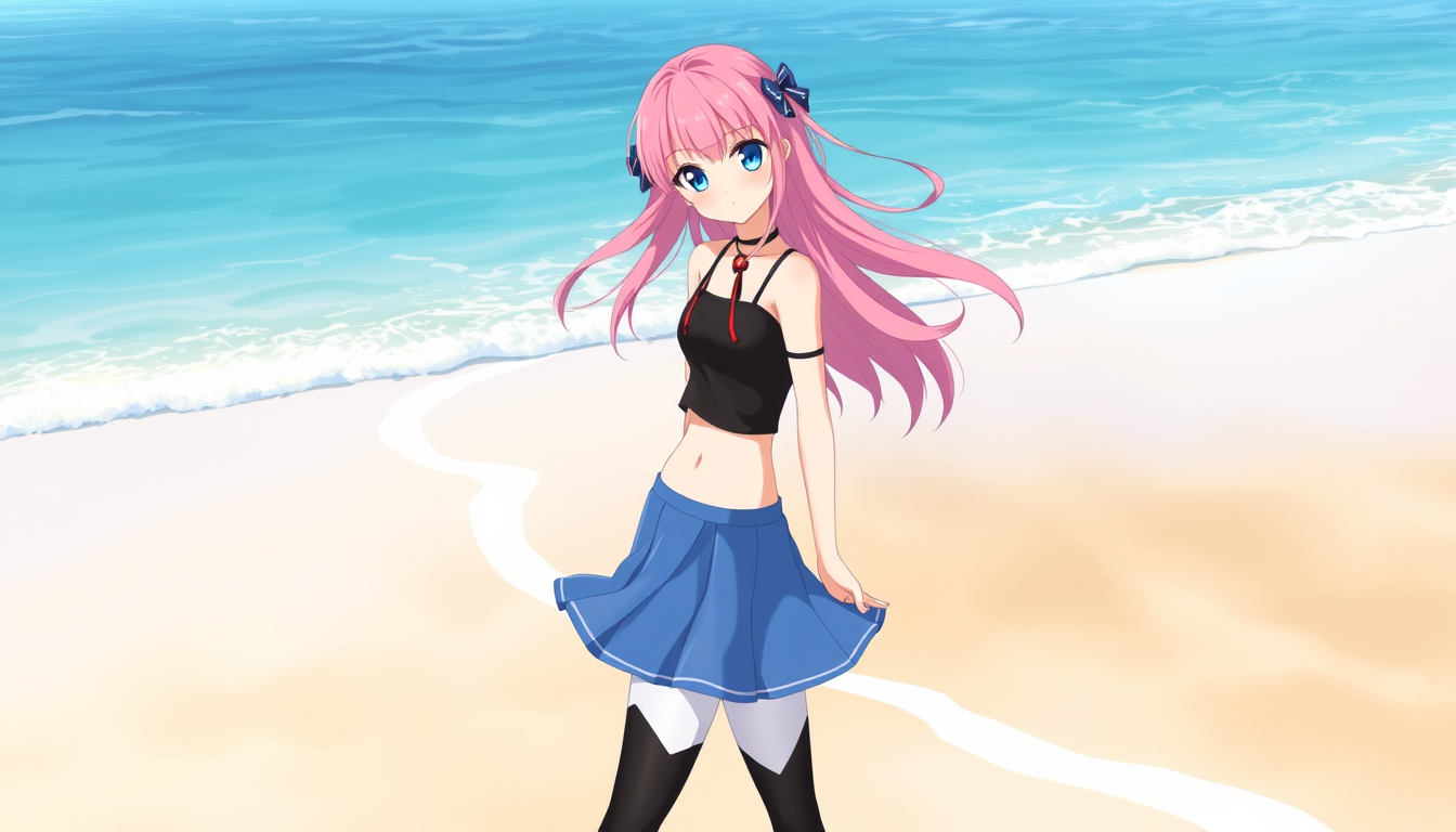 Main art studio: A anime women / femboy, she has pink hair with blue eyes, she's wearing a blue skirt with black and white crop. Black and white leggings standing on a