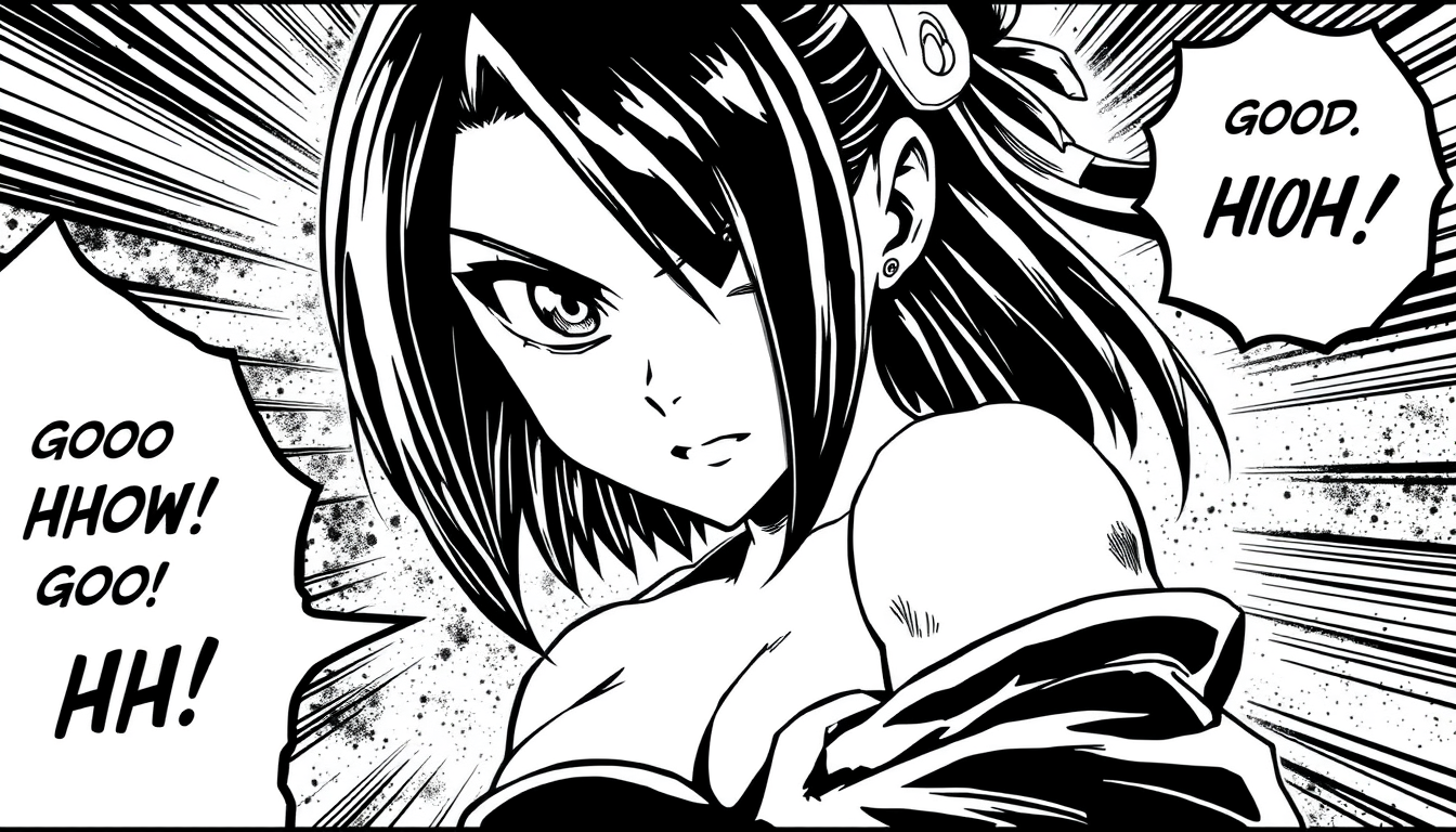 AI Comic idea created from the prompt: comic panel, bold inks, halftone shading, speech-bubble ready composition, manga girl, busty, skimpy, intense gaze, naruto style , dynamic c