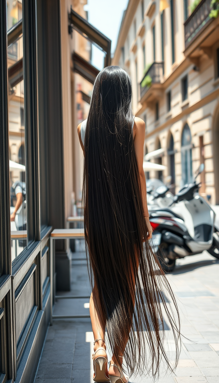 Main art studio: Photorealistic smartphone photo, candid Instagram style. Petite young woman with extremely long thick dark brown-black hair reaching her butt. Wearing