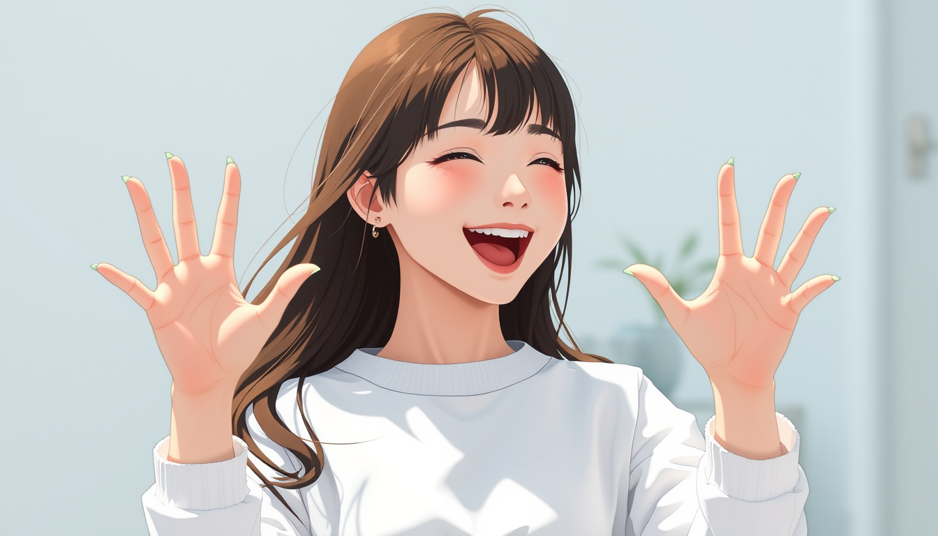 Main art studio: A beautiful 18 year old girl laughing so brightly with her hands doing a pose the photo should cover the whole phone in size and be anime 3d generated