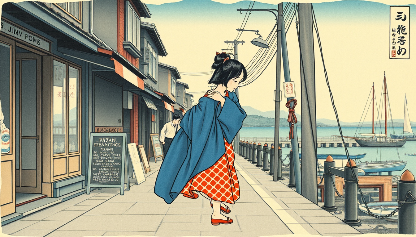 Main art studio: A little Japanese girl is walking along a street past old shops, the beach can be seen as well as the docks below with boats in the water. She is carr