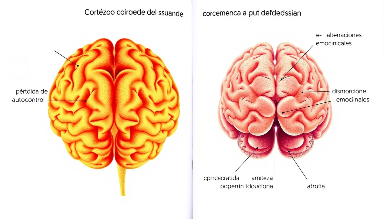Main art studio: Infografía médica en español. Comparar un cerebro sano con uno afectado por consumo crónico de cristal (metanfetamina). Todo el texto debe estar en es