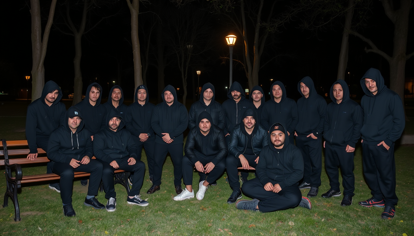 Main art studio: A highly realistic nighttime photograph of 12–15 adult men gathered casually in a park at night. Everyone wears different black streetwear outfits, in
