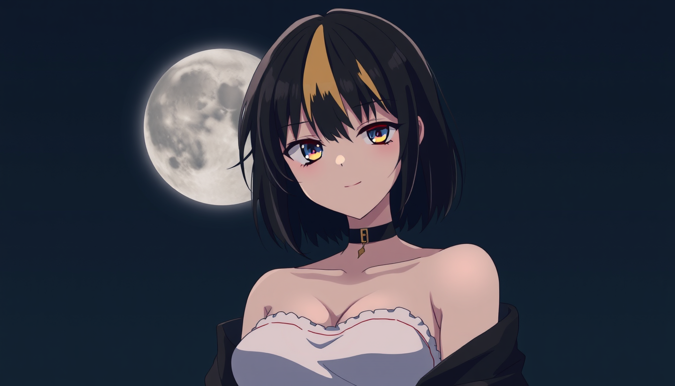 Character idea created from the prompt: an original character defined by silhouette, role, outfit, palette, and expression, deliberate composition, A moon kissed girl , black hair