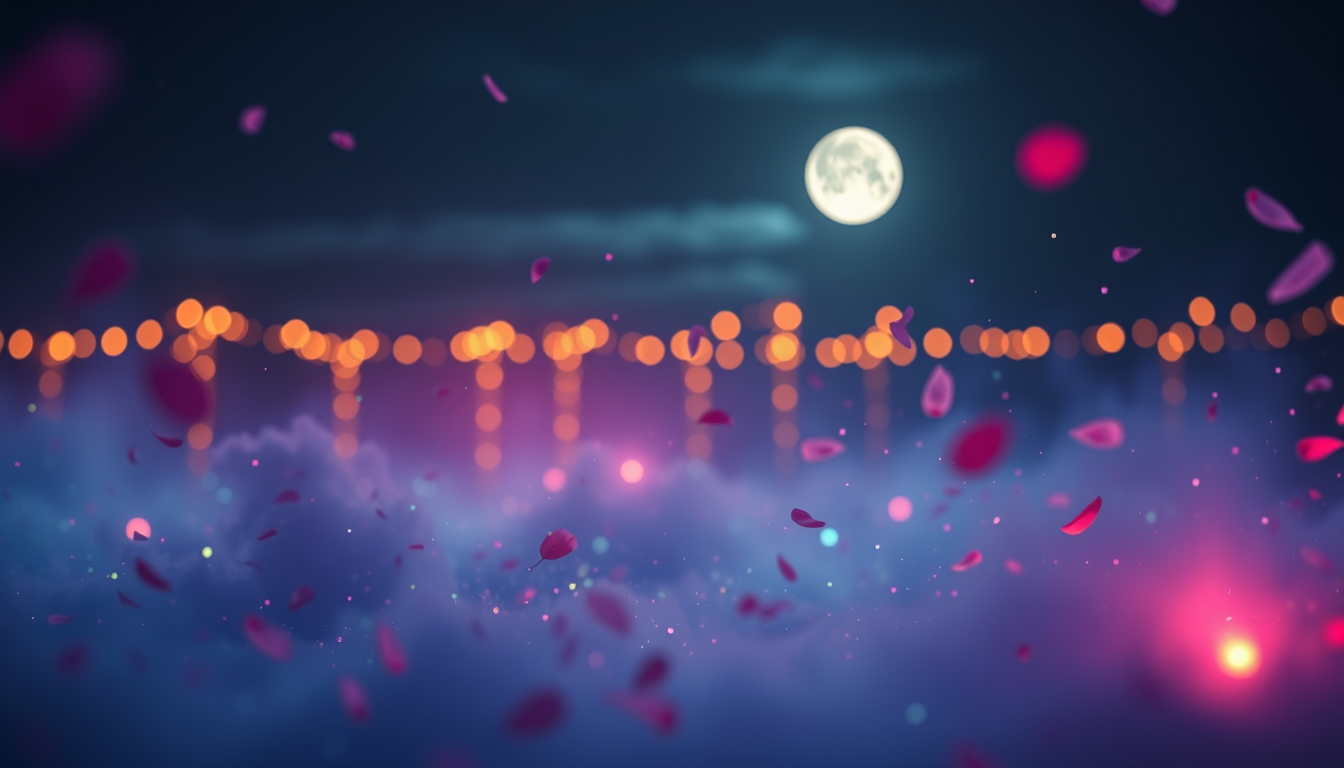 Main art studio: A dreamy romantic night with moonlight, soft glowing lights, gentle wind, floating petals, cinematic slow motion,9:16, 4K, no text, no watermark, no s