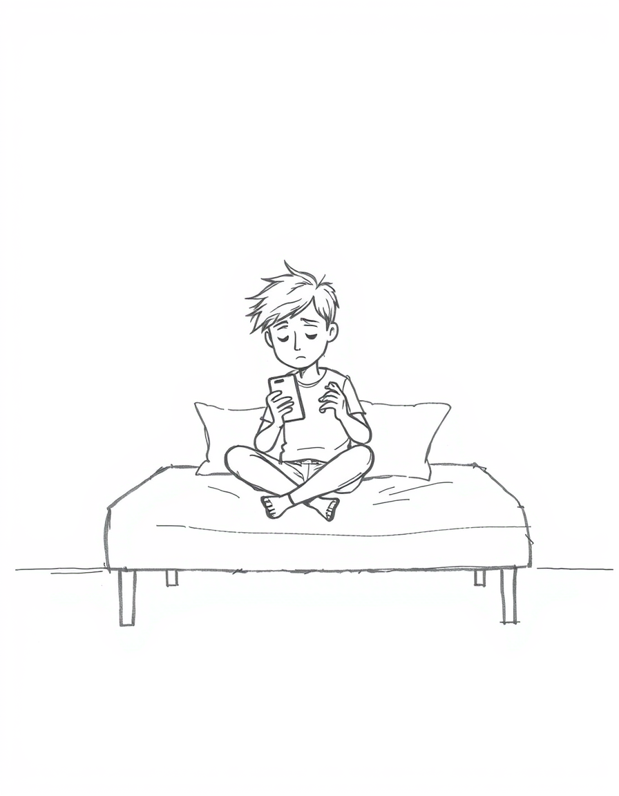 Main art studio: > Very minimalist black and white pencil sketch, childlike rough thin lines. A young man sitting alone on a simple bed, looking at a smartphone in his