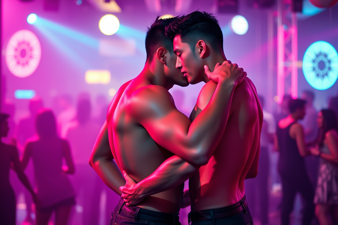 Main art studio: Two tall, athletic Asian men dance intimately in a nightclub, sensual and electric. They grind their hips against each other, kissing and touching. Fa