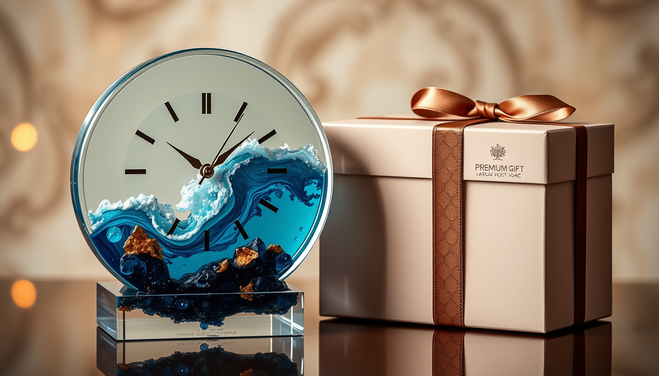 Main art studio: Elegant handmade resin clock with blue ocean and gold details, beautifully placed beside a luxury gift box with a ribbon, premium gift, realistic prod