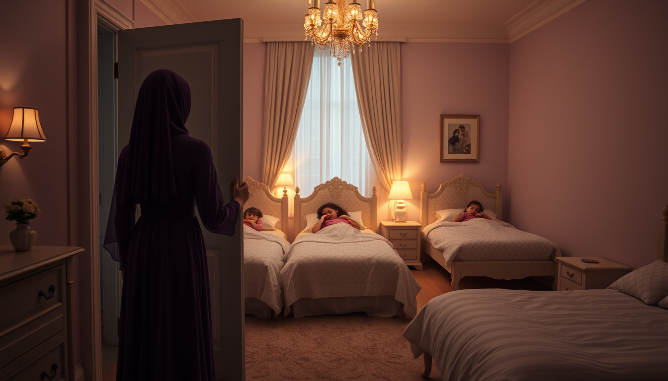 Main art studio: Ultra-realistic cinematic photograph, wide shot from inside a beautiful spacious girls' bedroom at night. Three little girls, exactly three, age four,