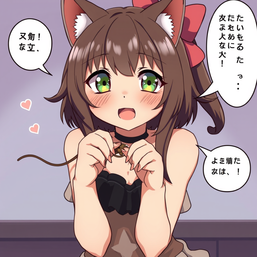 AI Art prompt example created from the prompt: A beautiful, kawaii, sexy (attractive) anime catgirl caught a mouse with her bare hands and might eat it alive. (with speech bubbles)