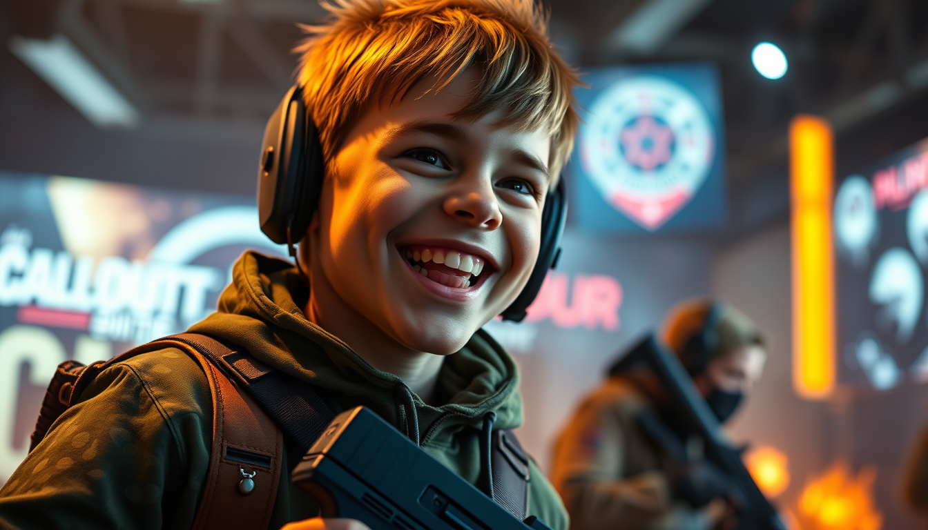 Main art studio: Use the exact uploaded photo as the main character reference, keeping the boy's face and identity recognizable. Make him look very happy and excited, 