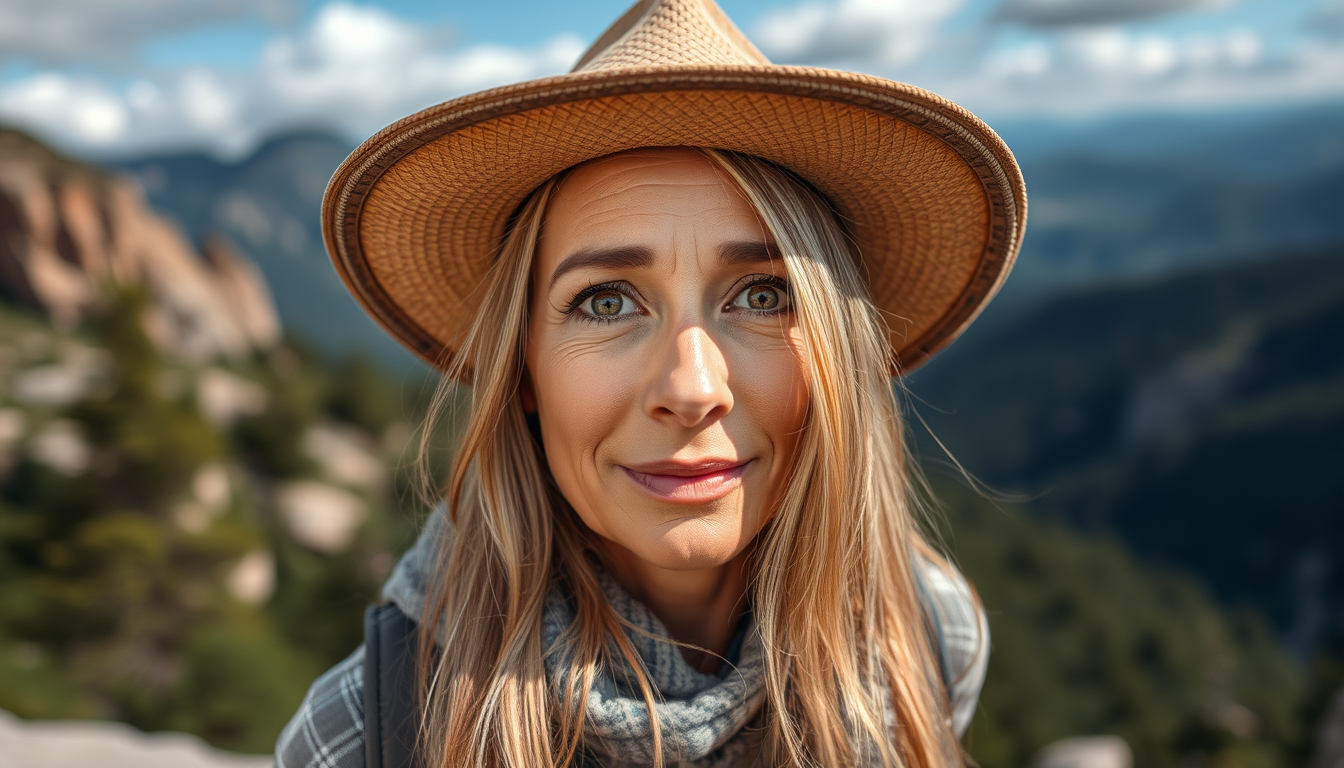 Main art studio: chica de 40 años, aventurera y de montaña con sombrero, pelo largo y morena, ojos grandes, nariz grande y ojos marrones
