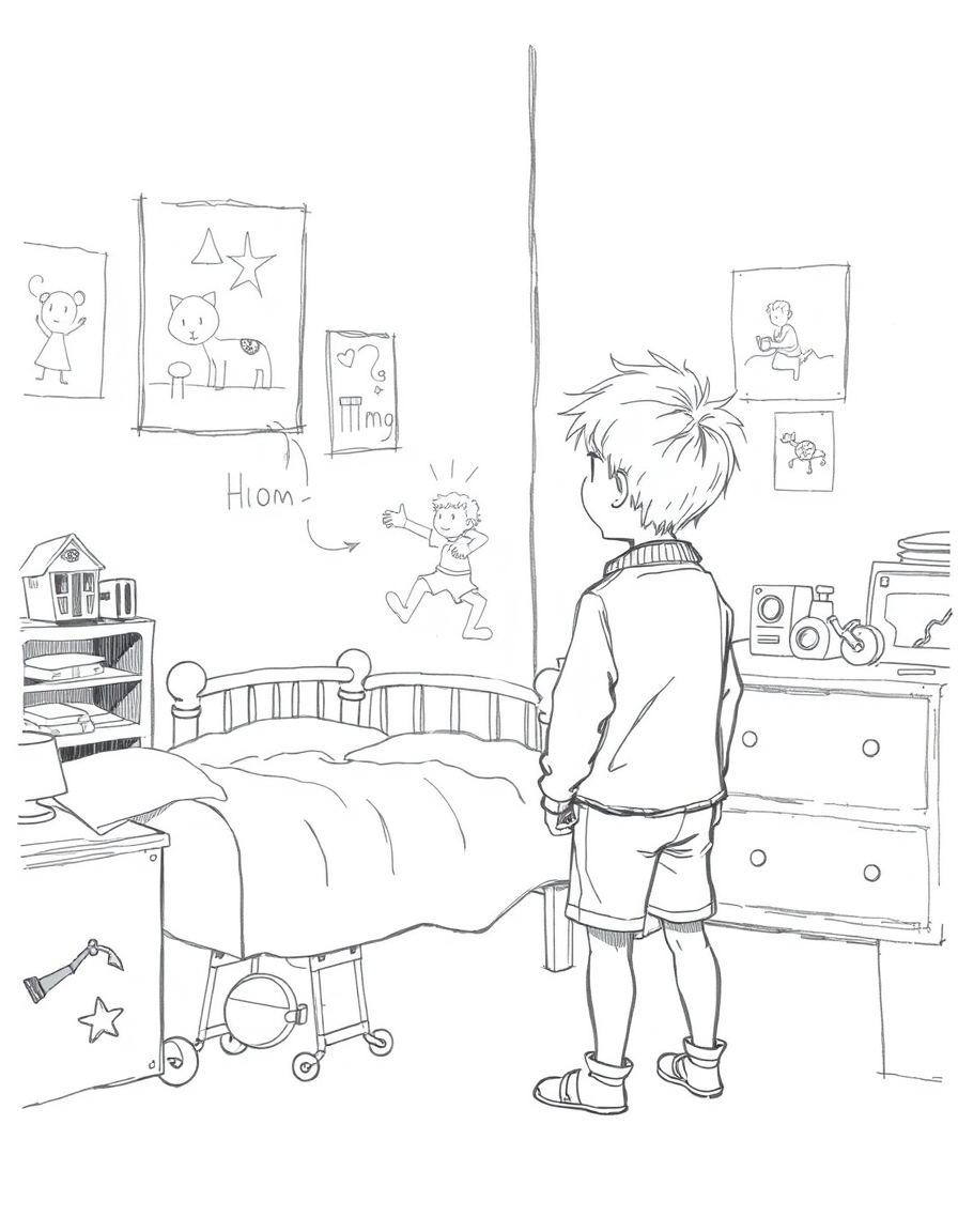 Main art studio: A little boy standing quietly in an old childhood bedroom, looking at his forgotten toys, small bed, and old drawings on the wall. In the background, 