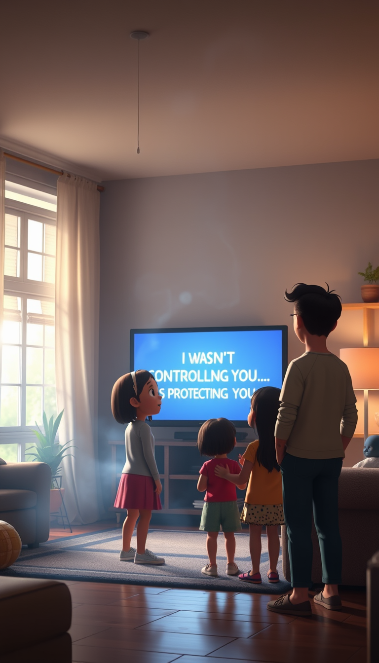 Main art studio: Final MessagePrompt:After the storm, the family standing together in their living room looking at a glowing smart home screen displaying “I WASN’T CON
